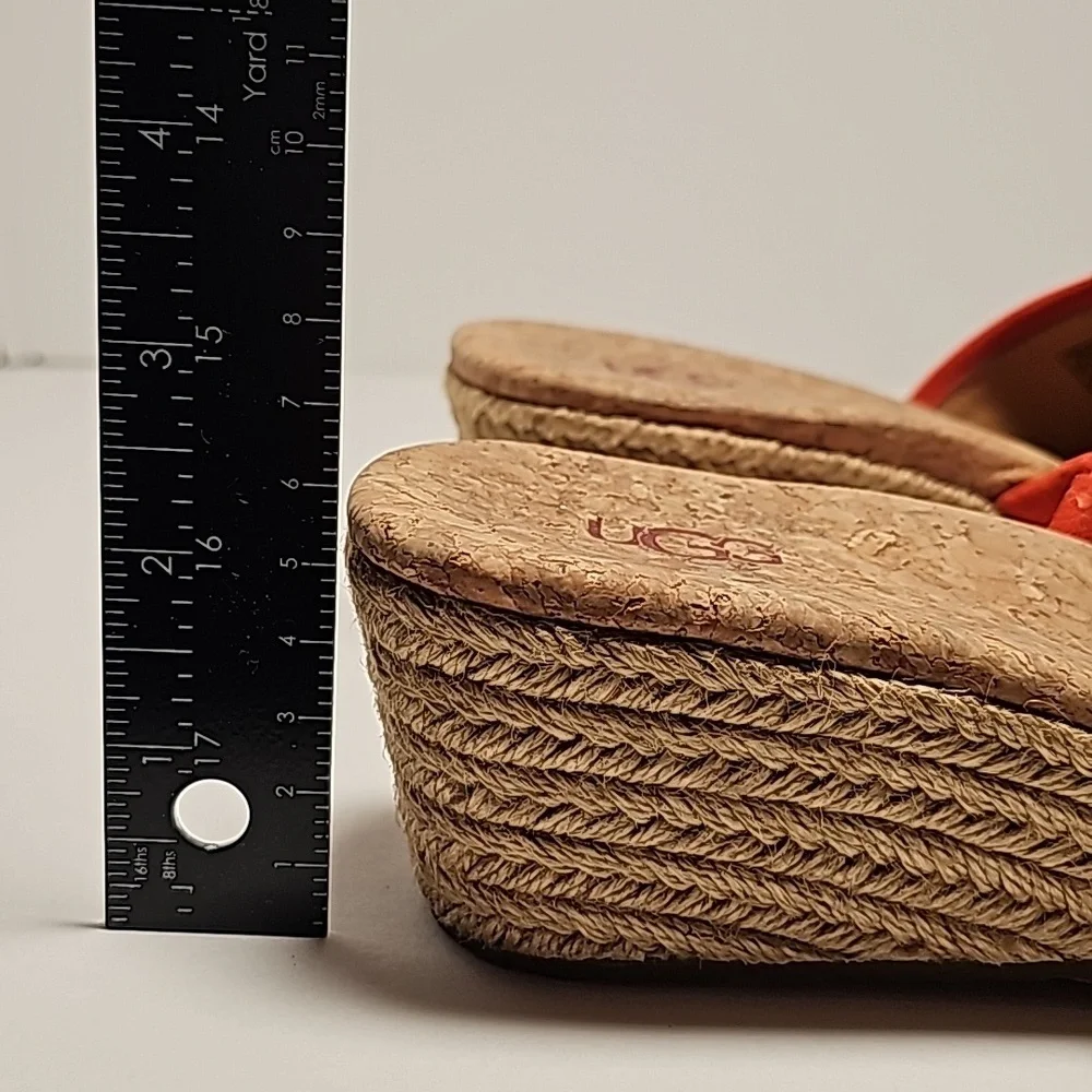 UGG Kendra Wedge Sandals Slides Espadrilles Suede Leather Fringe Cork Orange 7